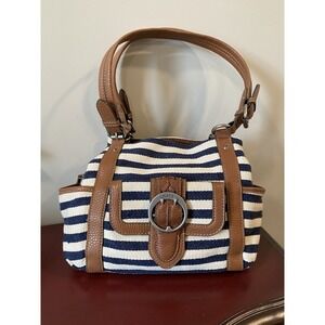 Chaps 100% Cotton Wide Stipe Blue & White Satchel Woven Shoulder Bag Organize!